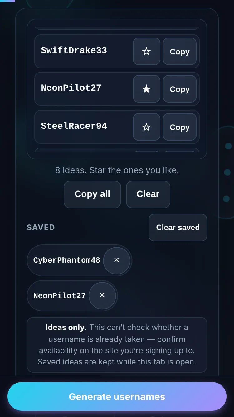 Generating usernames on a phone, no app installed.