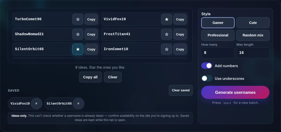 Random username ideas generated in a chosen style.