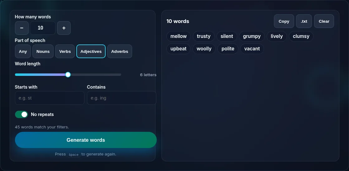 Filtering random words by part of speech.