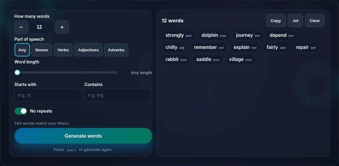 A list of random words with type and length filters.