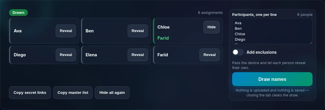 Revealing a Secret Santa assignment privately.