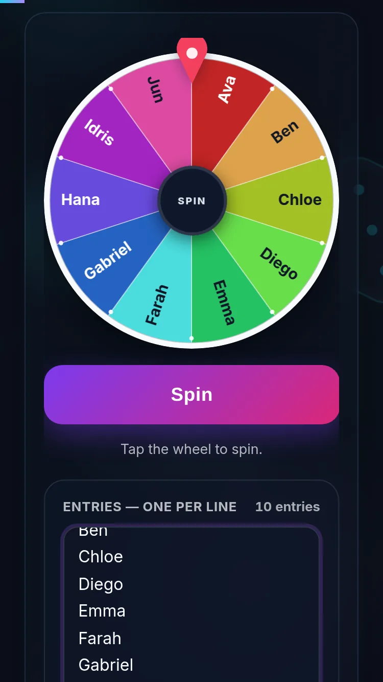 The wheel of names ready to spin on a phone, with its entry list below.