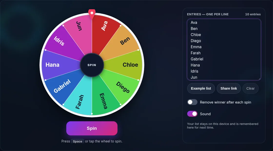 A picker wheel with coloured segments ready to spin.