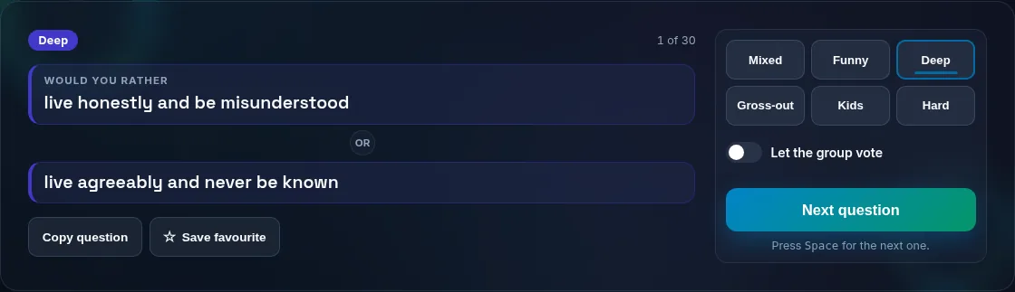 A random Would You Rather question with category options.