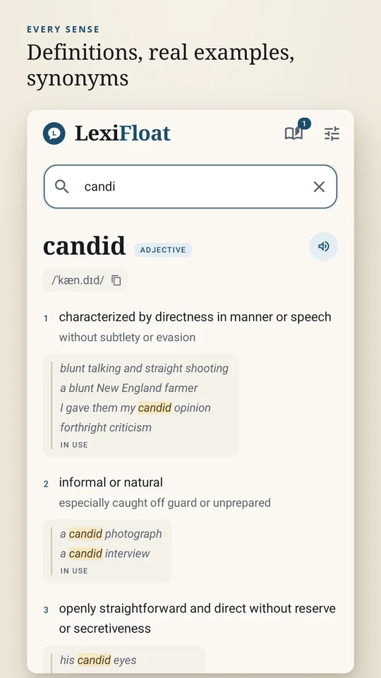 LexiFloat dictionary entry for candid found from the misspelling candi, showing pronunciation, three senses and examples in use