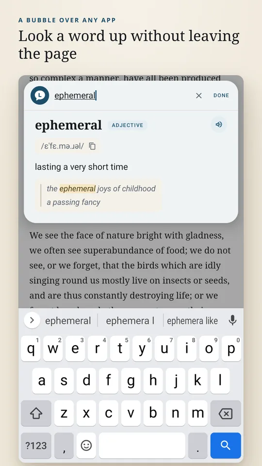 LexiFloat's floating bubble open over a page of text, showing the definition of ephemeral: lasting a very short time