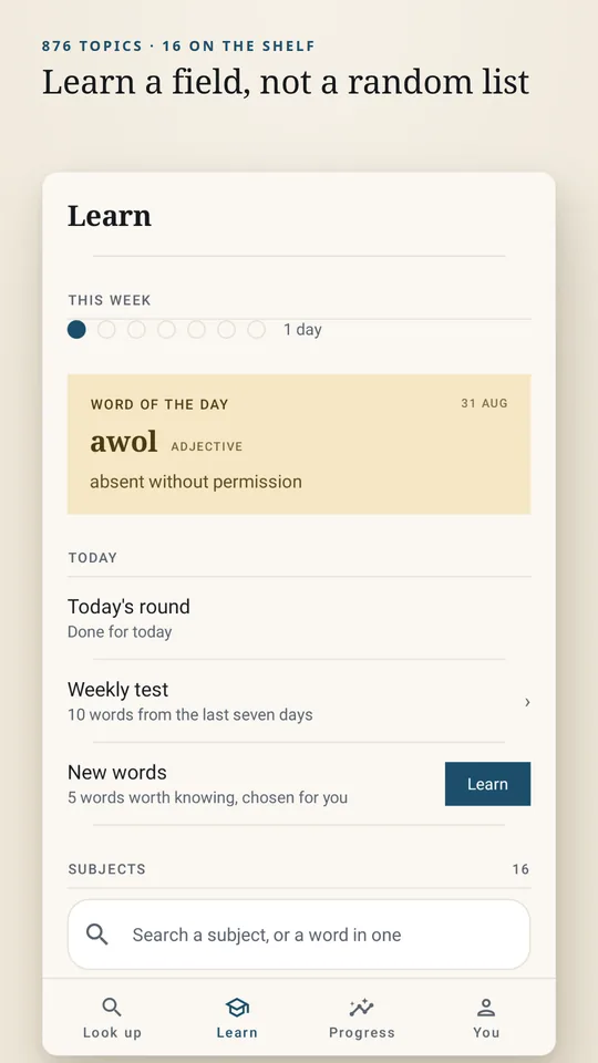 LexiFloat Learn tab with a weekly streak, word of the day, today's quiz round, a weekly test and subject search