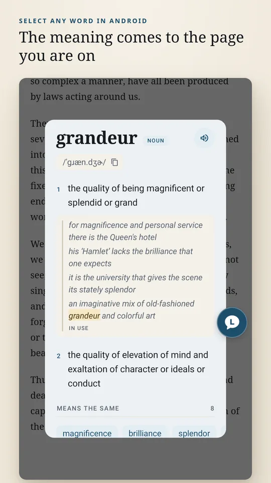 LexiFloat definition card for grandeur opened from Android's text-selection menu over a page of a book, with two senses, example sentences and synonyms