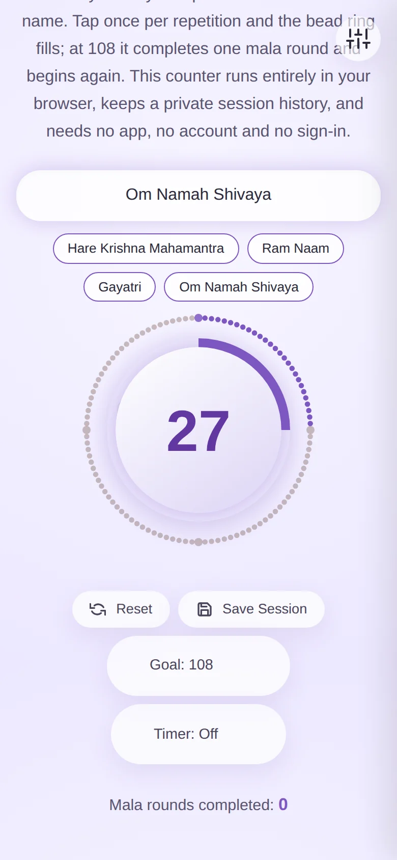 The naam japa counter on a phone screen, showing 27 in the centre of the mala ring with the mantra field and four preset buttons above it.