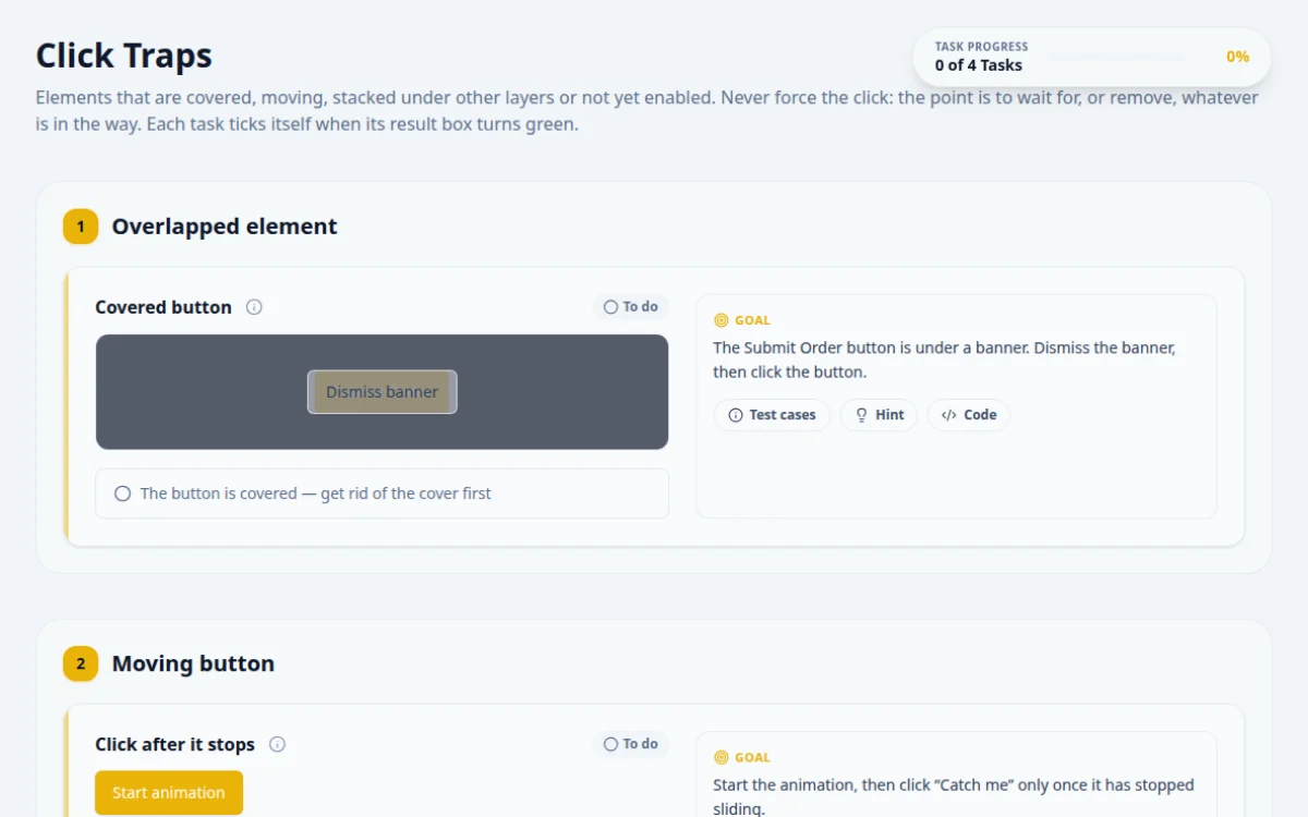 Click Traps practice page with buttons that are covered by overlays, move away or enable late