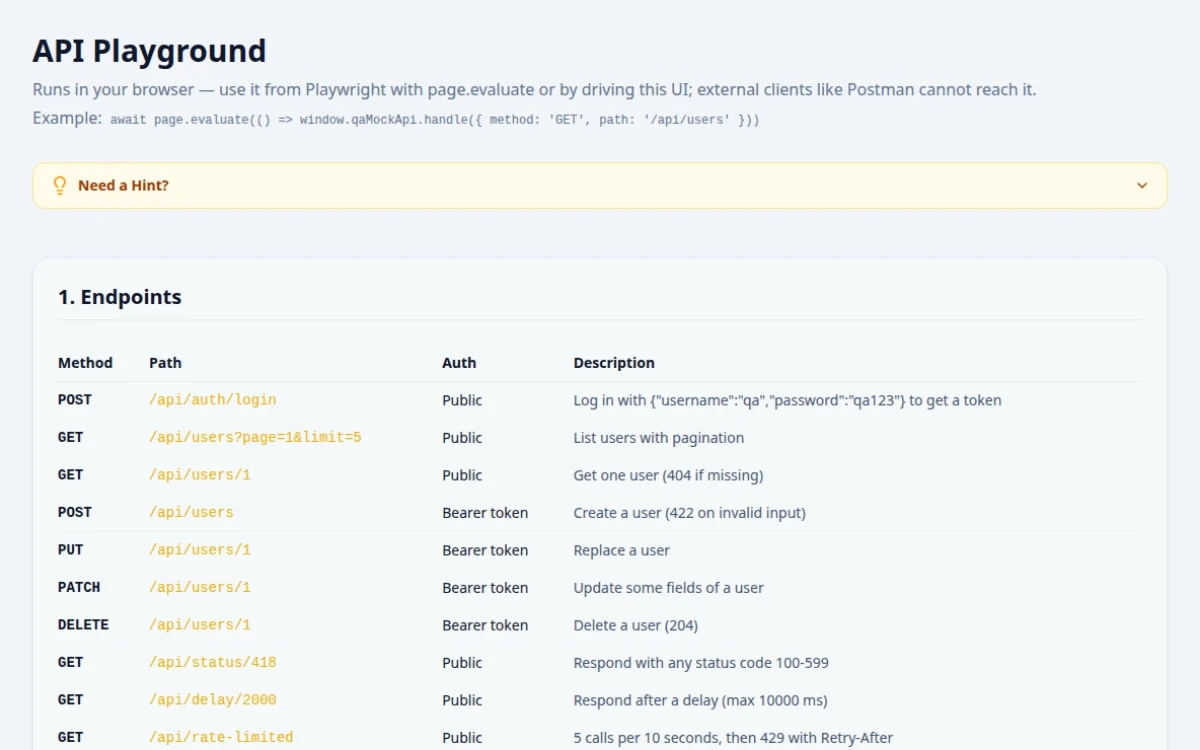 API Playground with a mock REST API that supports auth tokens, chosen status codes, delays and rate limits