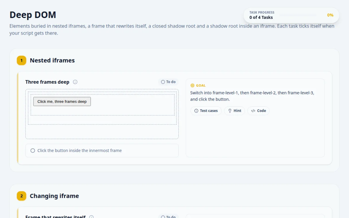 Deep DOM practice page with a button three iframes deep, its goal, and buttons for test cases, a hint and code
