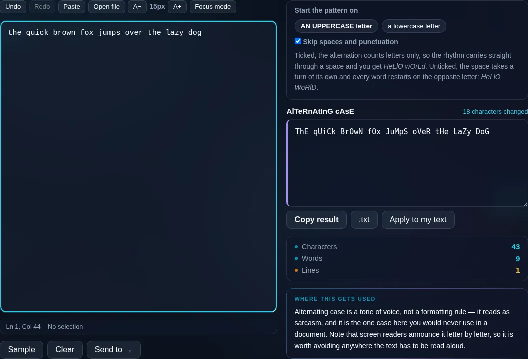 Alternating Case Converter making mocking text in the browser.