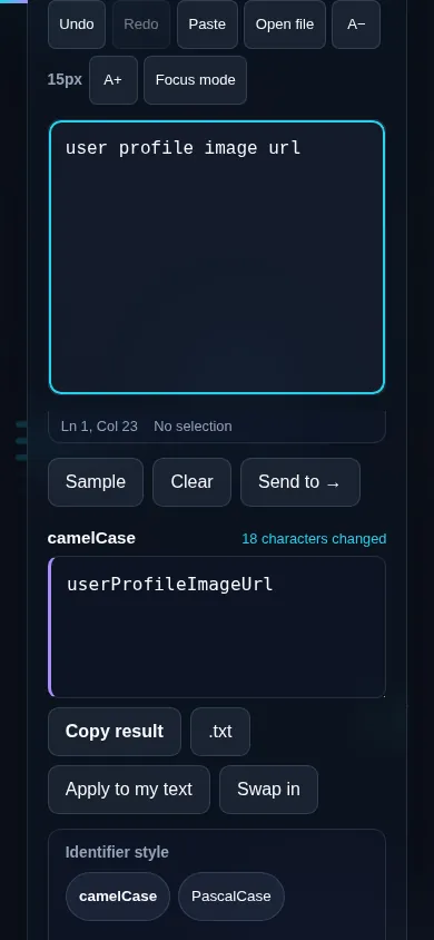 Converting to camelCase on a phone, no app installed.
