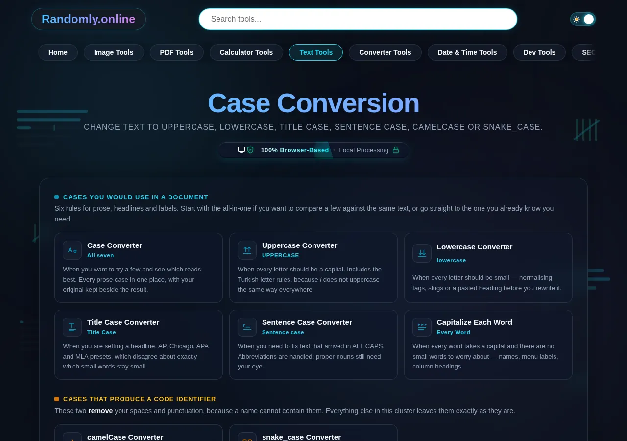 The Case Conversion cluster grid, ten text case tools each with the case it applies, dark mode