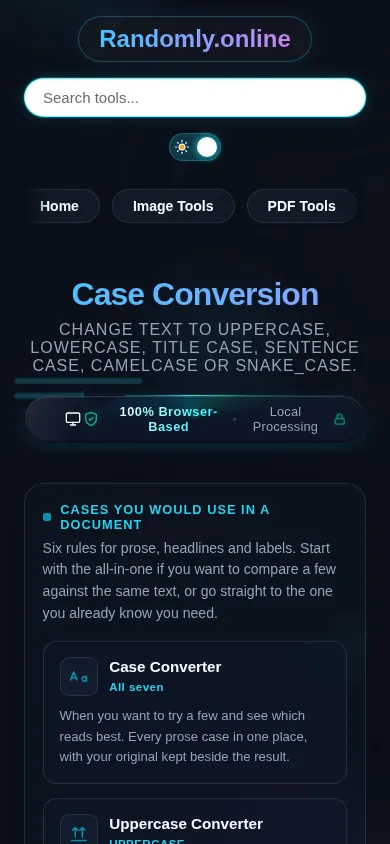 The Case Conversion cluster on a phone, the ten tool cards stacked in a single column