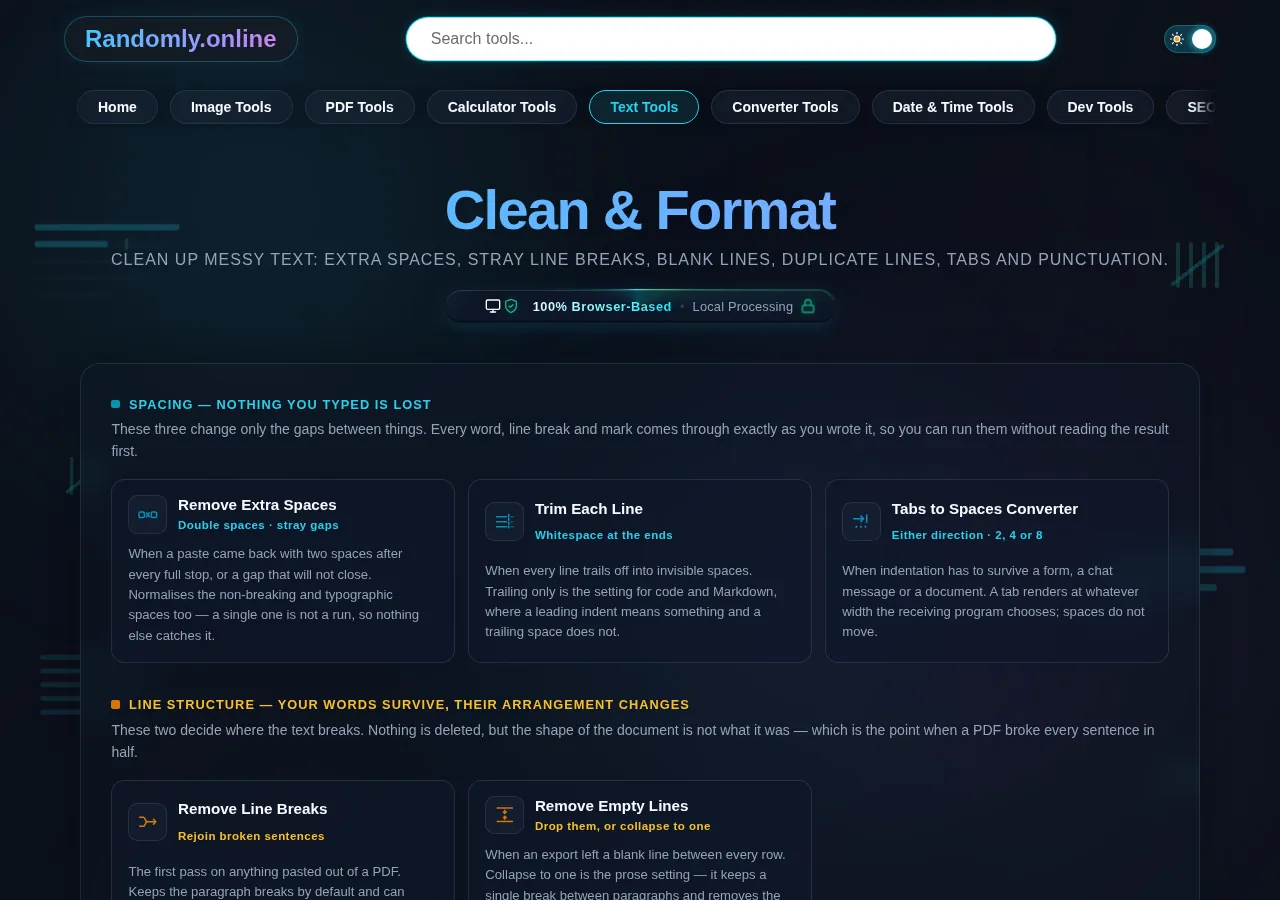 The Clean & Format cluster grid, eight text cleanup tools grouped by spacing, line structure and content, dark mode