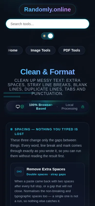 The Clean & Format cluster on a phone, the eight tool cards stacked in a single column