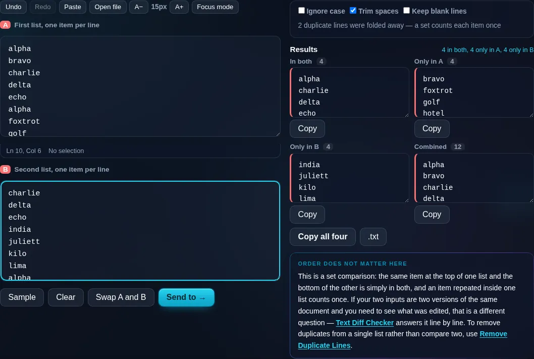 Two lists compared showing in-both and only-in-one results.