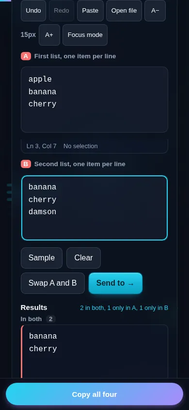 Comparing two lists on a phone, no app installed.
