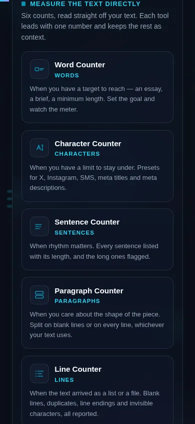 The Count and Analyze cluster on a phone, the eight tool cards stacked in a single column