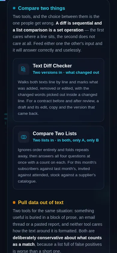 The Extract & Compare cluster on a phone, the four tool cards stacked in a single column
