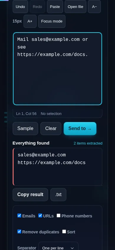 Extracting emails and URLs on a phone, no app installed.