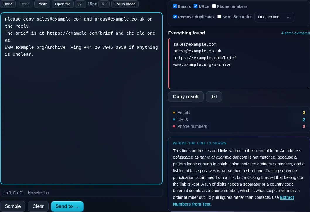 Extract Emails and URLs pulling data from text in the browser.