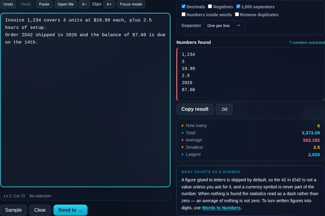 Extract Numbers from Text pulling figures from text in the browser.