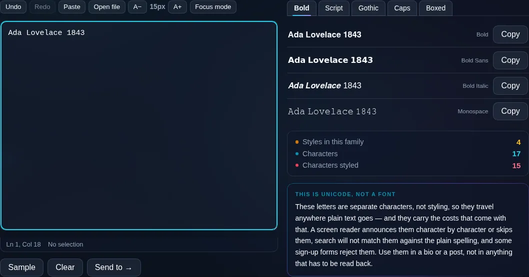 Fancy Text Generator showing many styles in the browser.