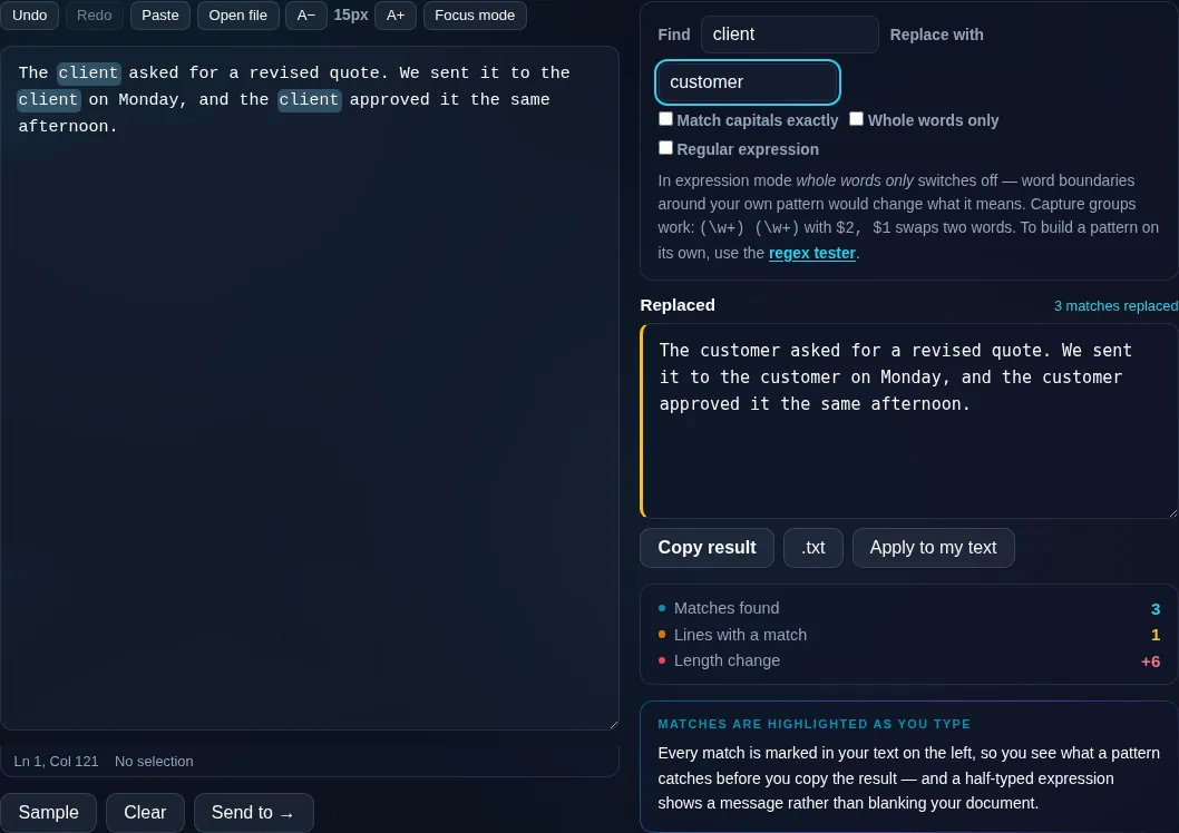 Find and Replace Text replacing words in the browser.