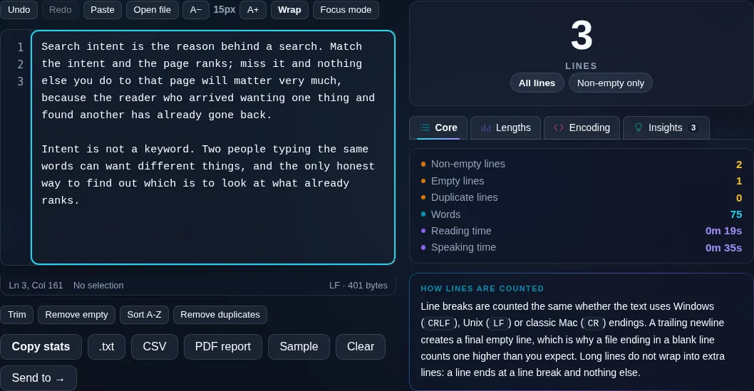 Line Counter showing a live line count in the browser.
