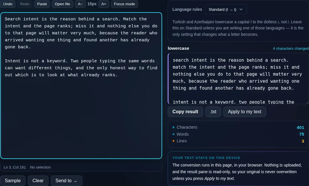 Text converted to lowercase with copy and download.