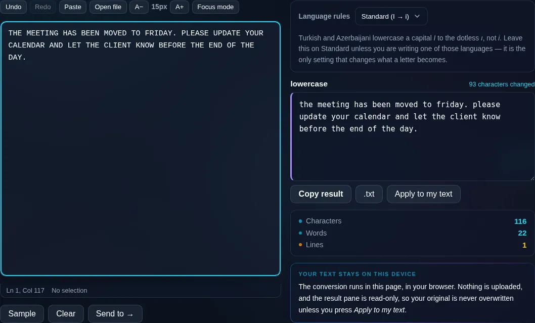 Lowercase Converter turning text into lowercase in the browser.