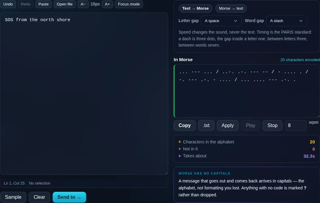 Morse playing back at eight words per minute, with the message duration on screen.