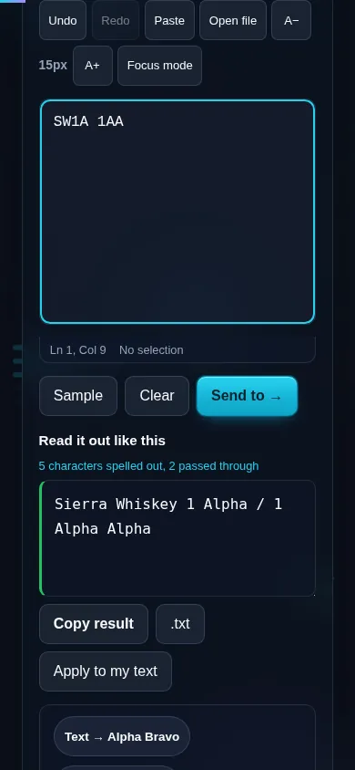 Converting to the NATO phonetic alphabet on a phone, no app installed.