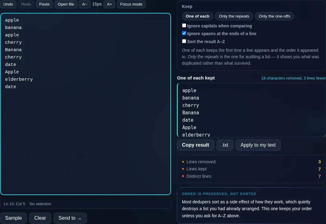 Remove Duplicate Lines deduping a list in the browser.