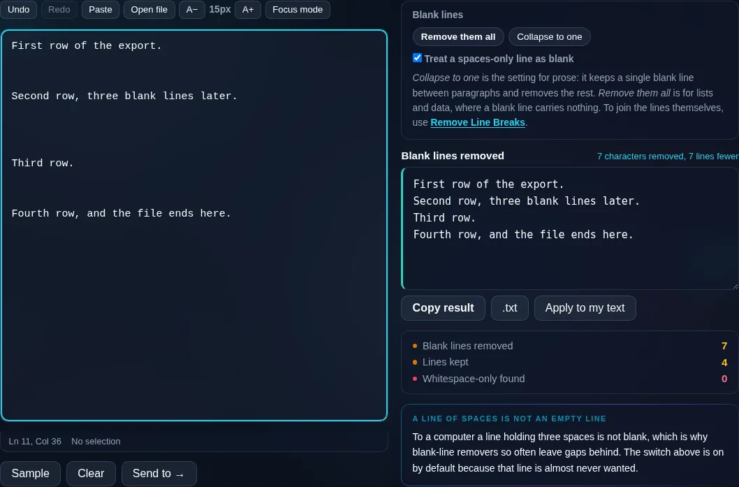 Remove Empty Lines deleting blank lines in the browser.