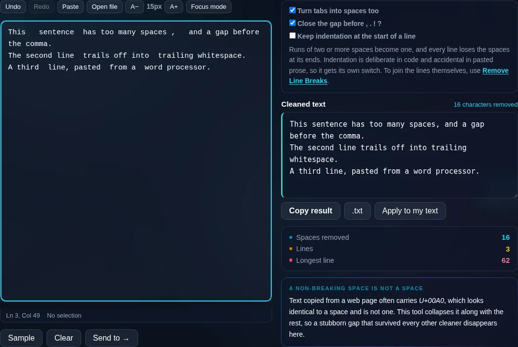 Remove Extra Spaces collapsing double spaces in the browser.