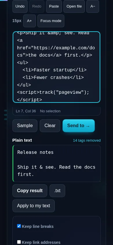 Removing HTML tags on a phone, no app installed.
