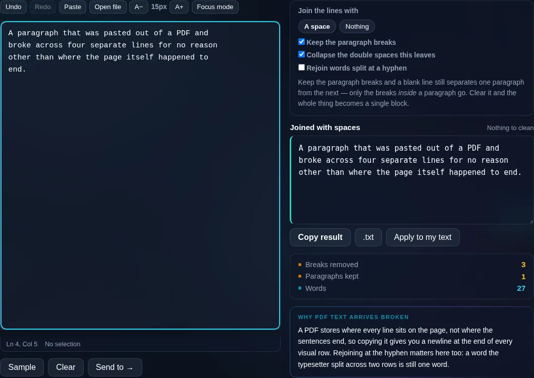 Remove Line Breaks joining text in the browser.