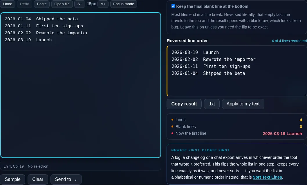 Reverse Line Order flipping a list in the browser.