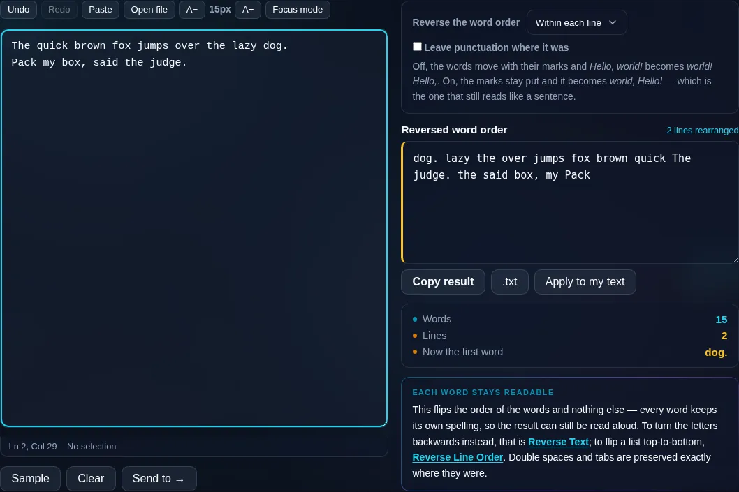Reverse Word Order flipping word sequence in the browser.