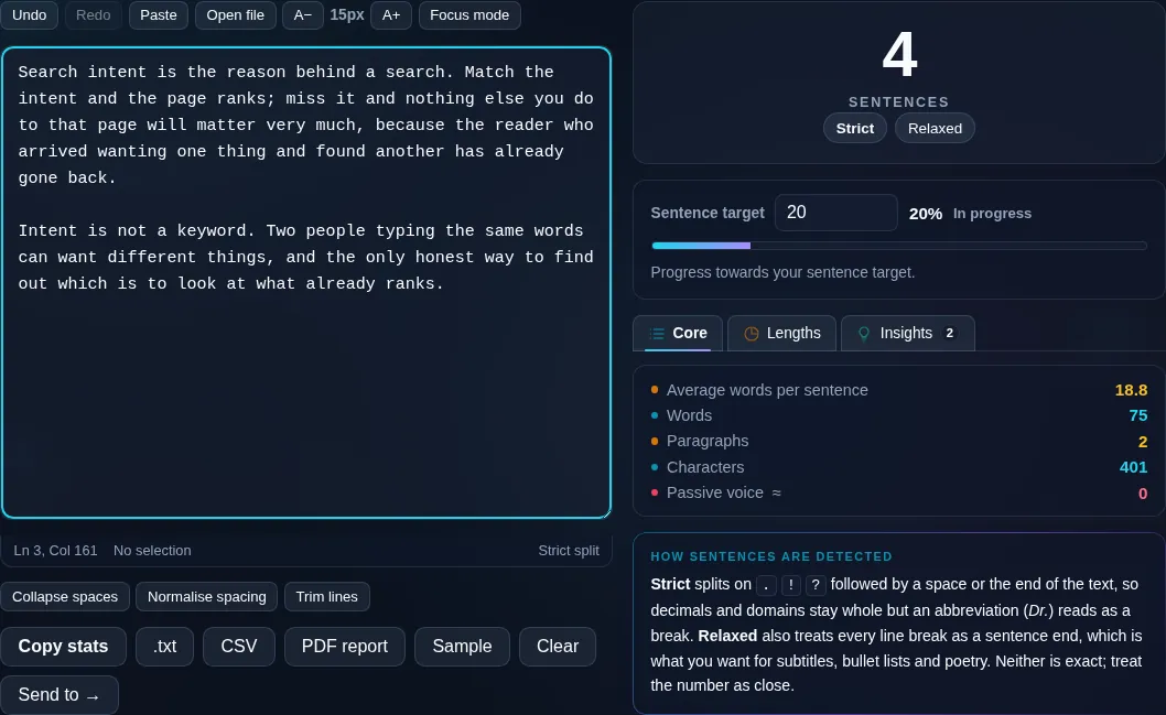 Sentence Counter showing a live sentence count in the browser.
