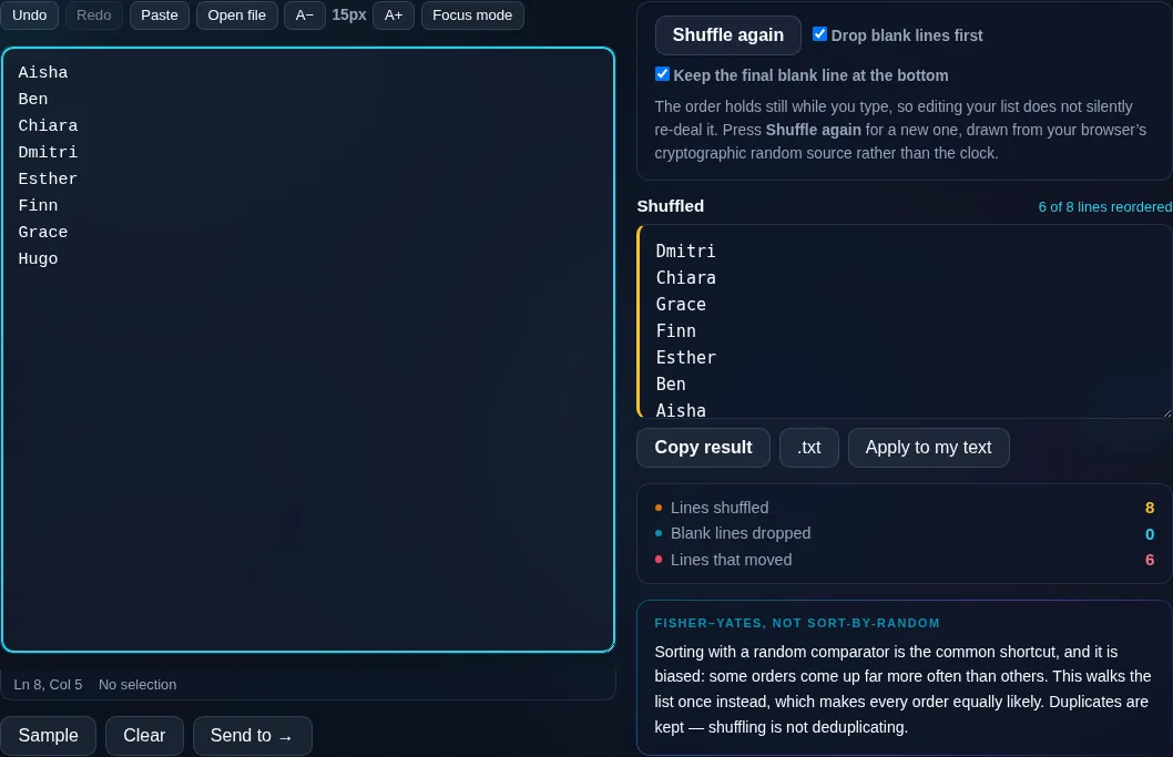 Shuffle Lines randomizing line order in the browser.