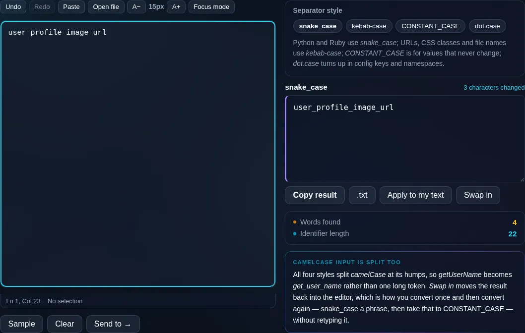 snake_case Converter turning a phrase into snake_case in the browser.