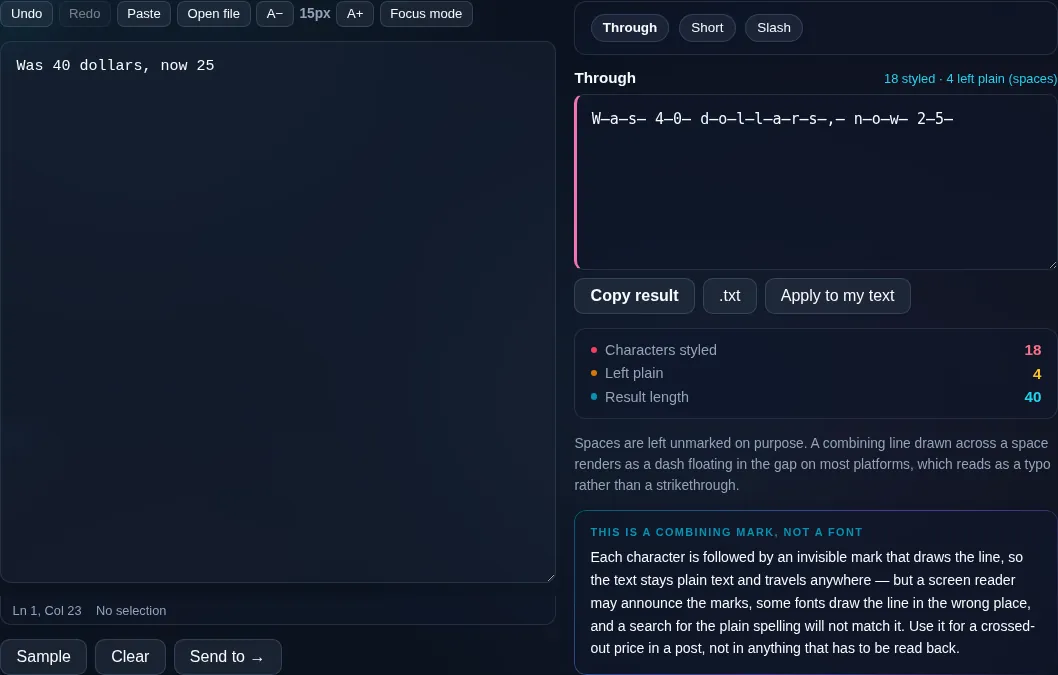 Strikethrough Text Generator crossing out text in the browser.