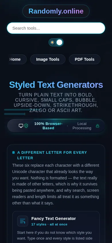 The Styled Text cluster on a phone, the ten tool cards stacked in a single column