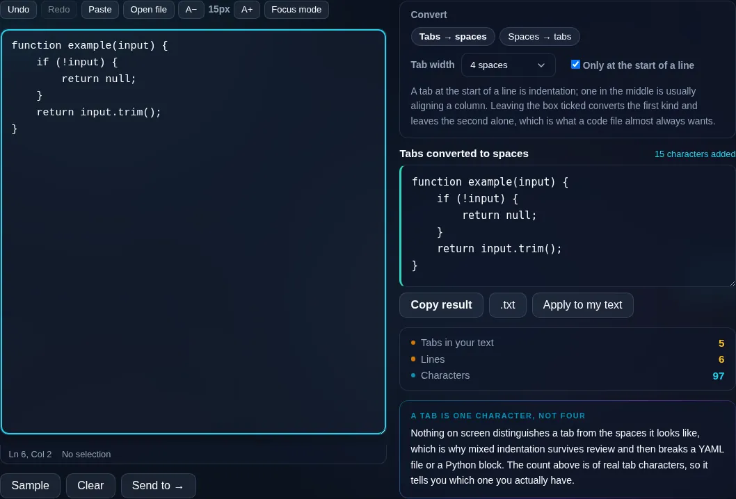 Tabs to Spaces Converter fixing indentation in the browser.