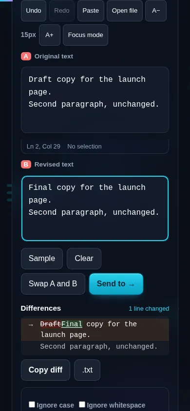 Comparing two texts on a phone, no app installed.